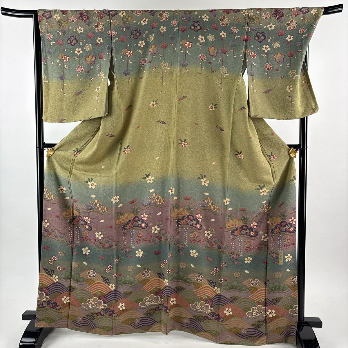 【美品】訪問服 身長168cm 袖長69cm L 雙層 笠松樹波染分 よもぎ色 純蠶絲 名品級