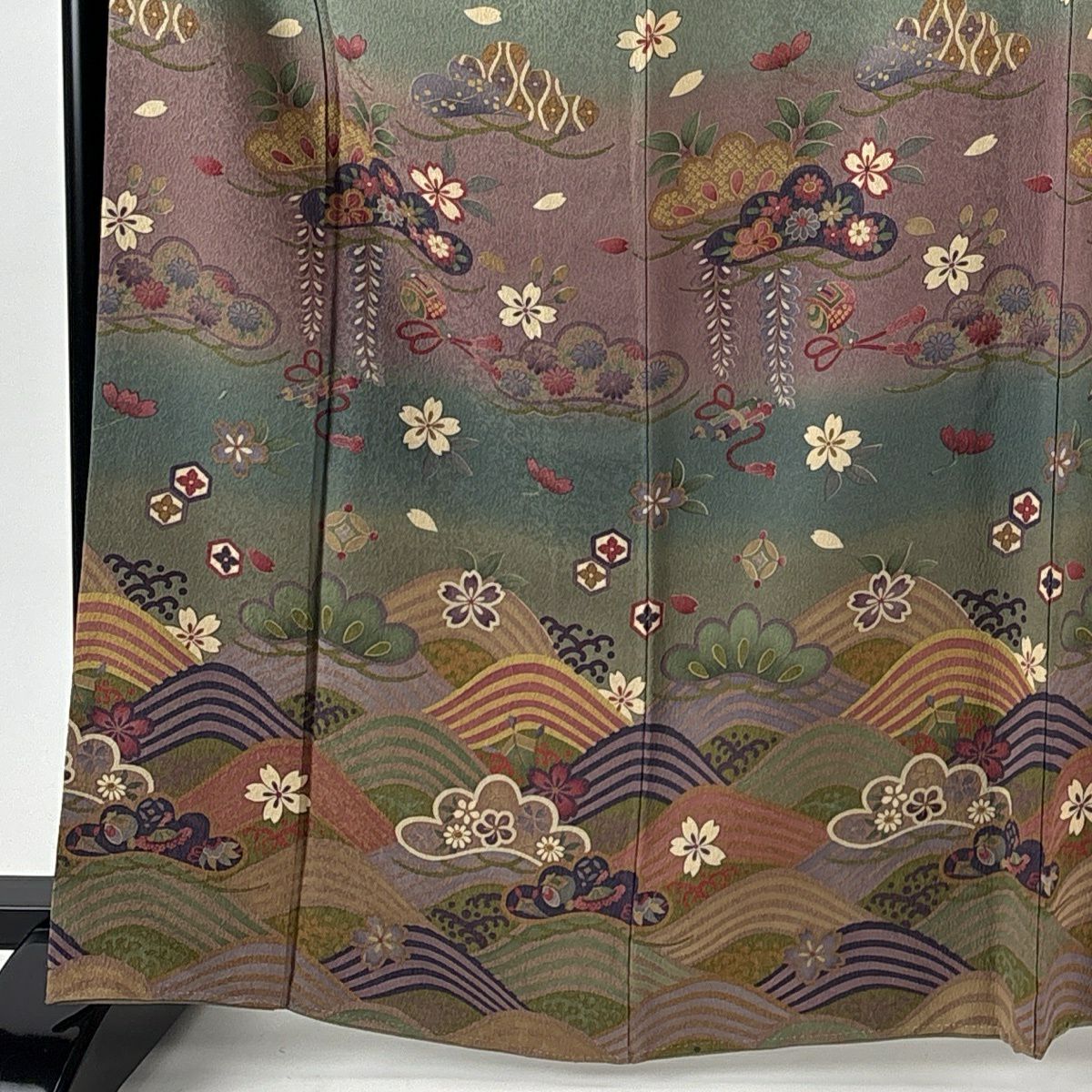 【美品】訪問服 身長168cm 袖長69cm L 雙層 笠松樹波染分 よもぎ色 純蠶絲 名品級