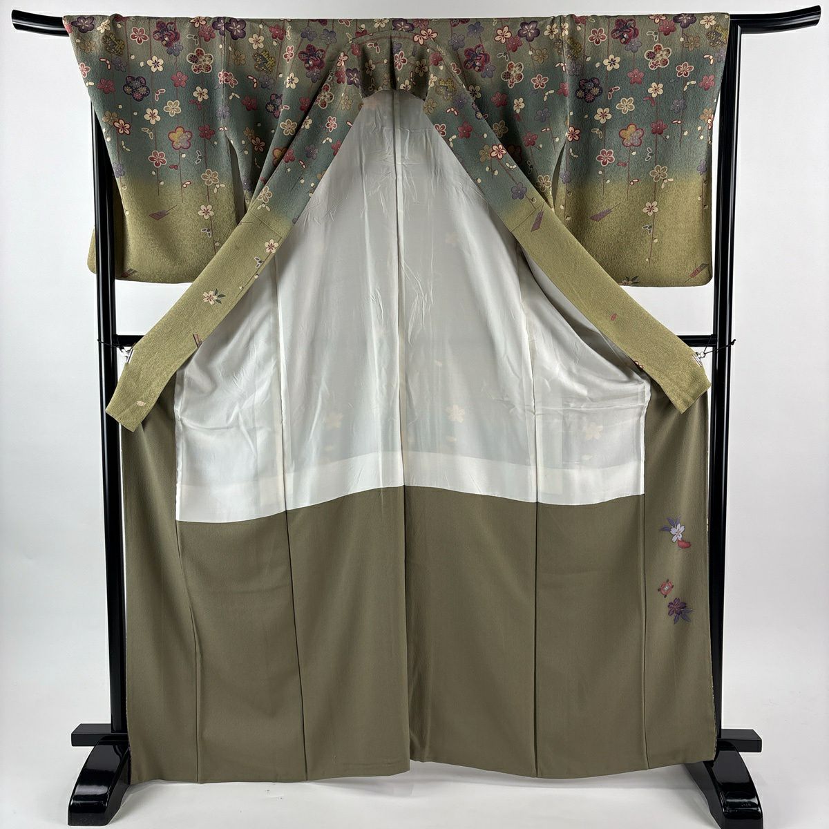 【美品】訪問服 身長168cm 袖長69cm L 雙層 笠松樹波染分 よもぎ色 純蠶絲 名品級