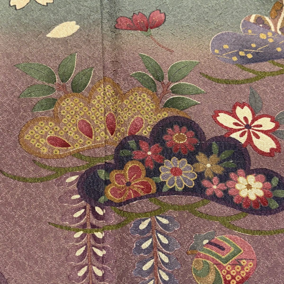 【美品】訪問服 身長168cm 袖長69cm L 雙層 笠松樹波染分 よもぎ色 純蠶絲 名品級