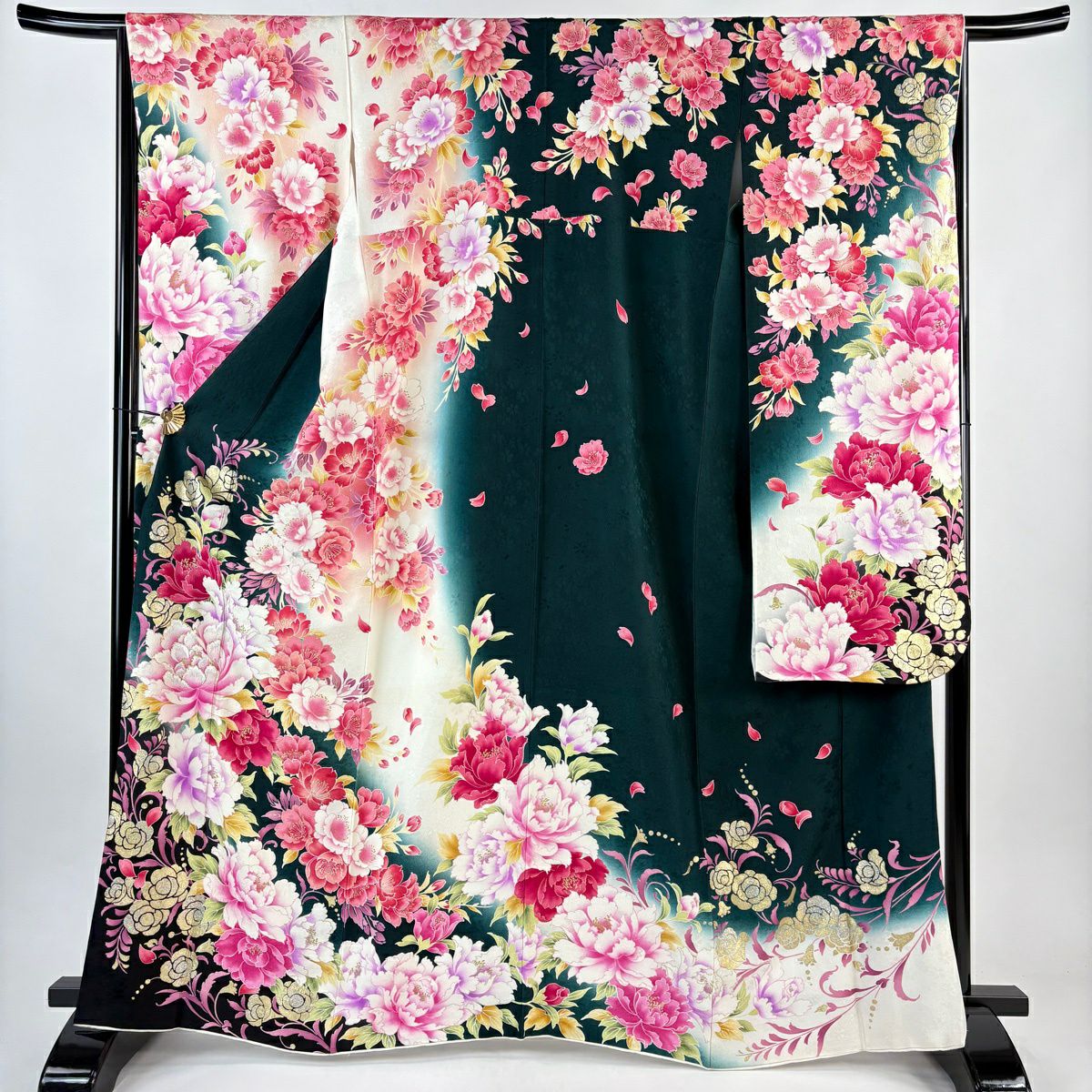 【美品】振袖禮服 身長165cm 袖長65.5cm M 雙層 牡丹 草花紋紋 金金箔 金銀彩 深綠 純蠶絲 名品級