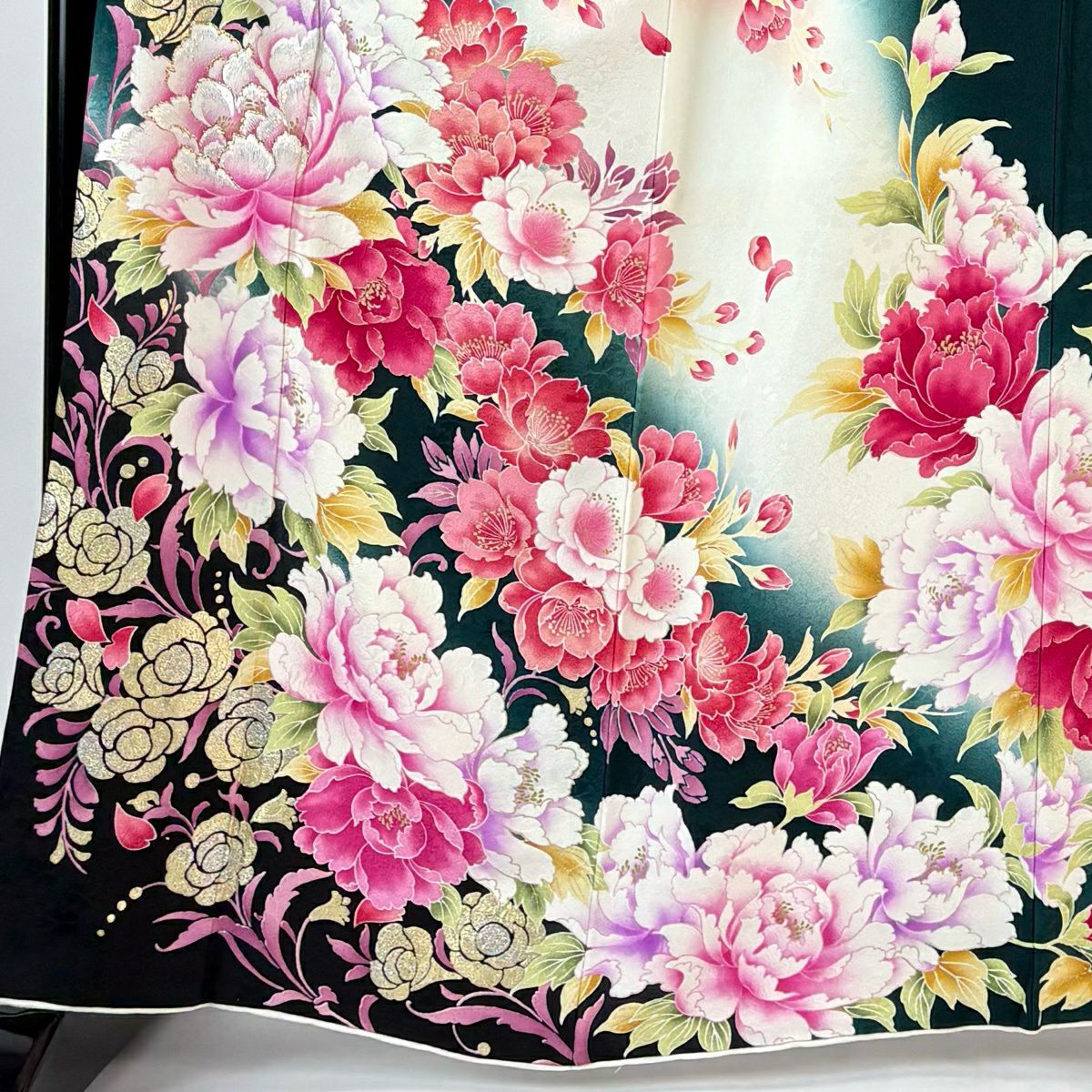 【美品】振袖禮服 身長165cm 袖長65.5cm M 雙層 牡丹 草花紋紋 金金箔 金銀彩 深綠 純蠶絲 名品級