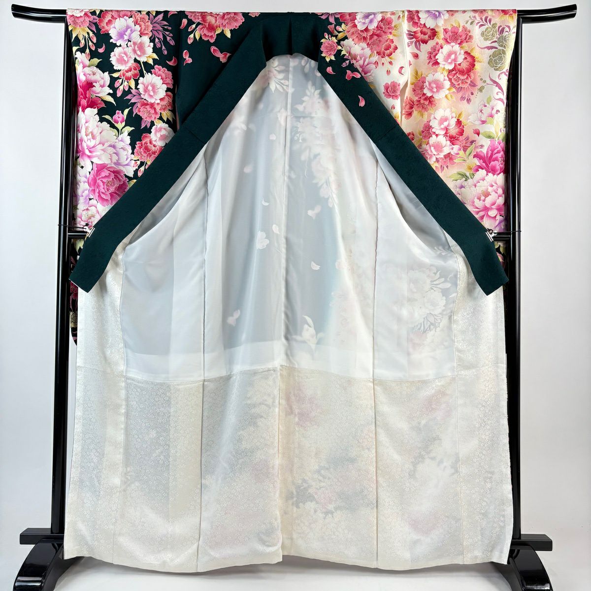 【美品】振袖禮服 身長165cm 袖長65.5cm M 雙層 牡丹 草花紋紋 金金箔 金銀彩 深綠 純蠶絲 名品級