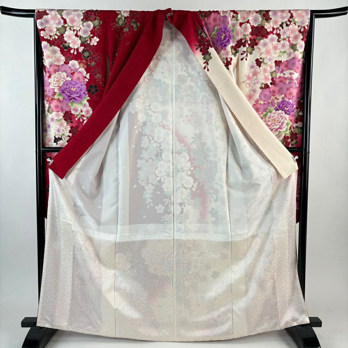 振袖禮服 身長165cm 袖長65cm M 雙層 櫻花 牡丹 金彩裝飾 刺繡 紅 純蠶絲 名品級