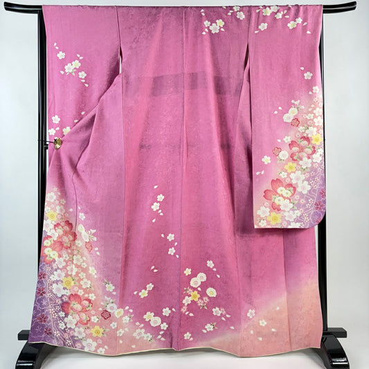 振袖禮服 身長164cm 袖長66cm M 雙層 櫻花 菊花花 金銀彩 漸層 粉紅 純蠶絲 名品級