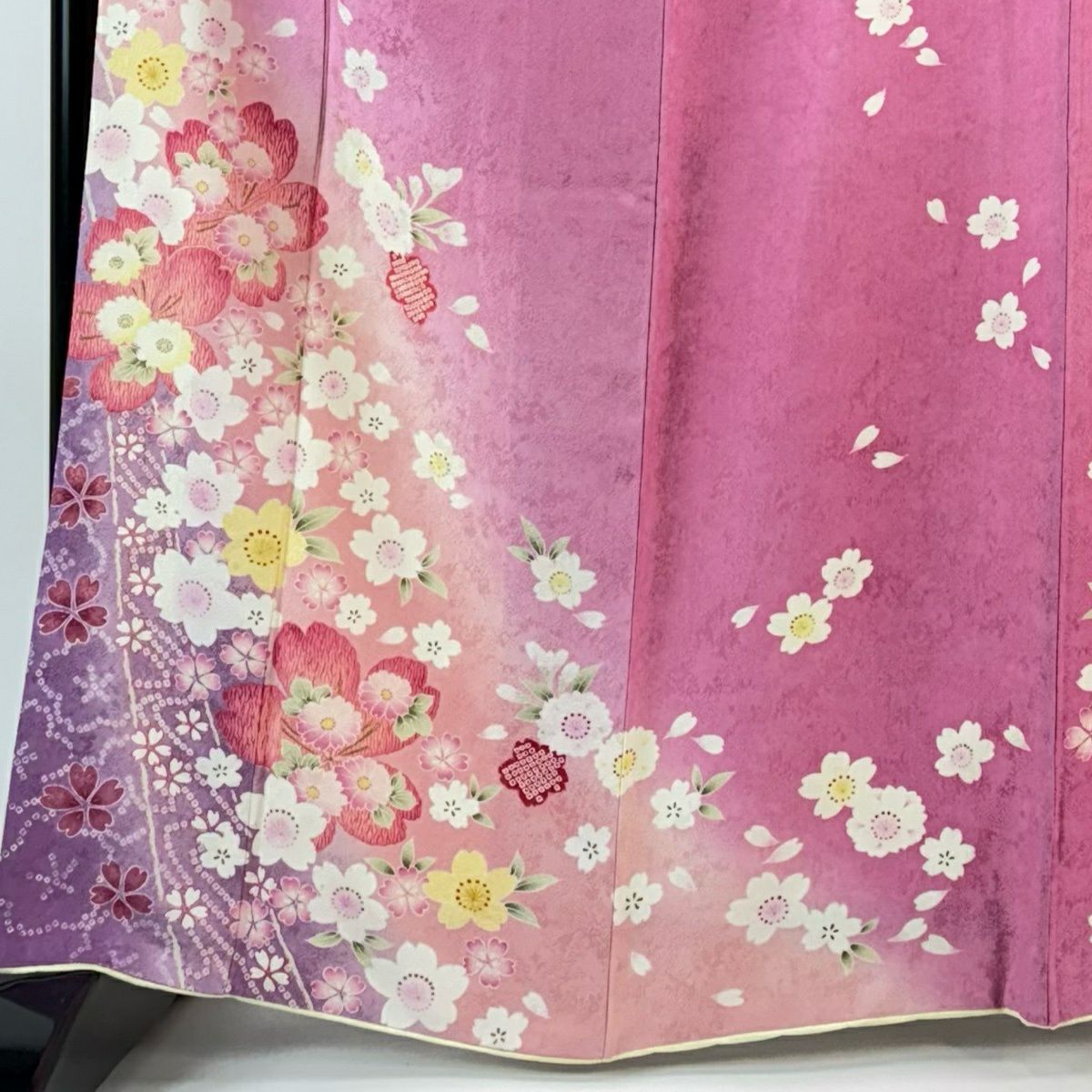 振袖禮服 身長164cm 袖長66cm M 雙層 櫻花 菊花花 金銀彩 漸層 粉紅 純蠶絲 名品級