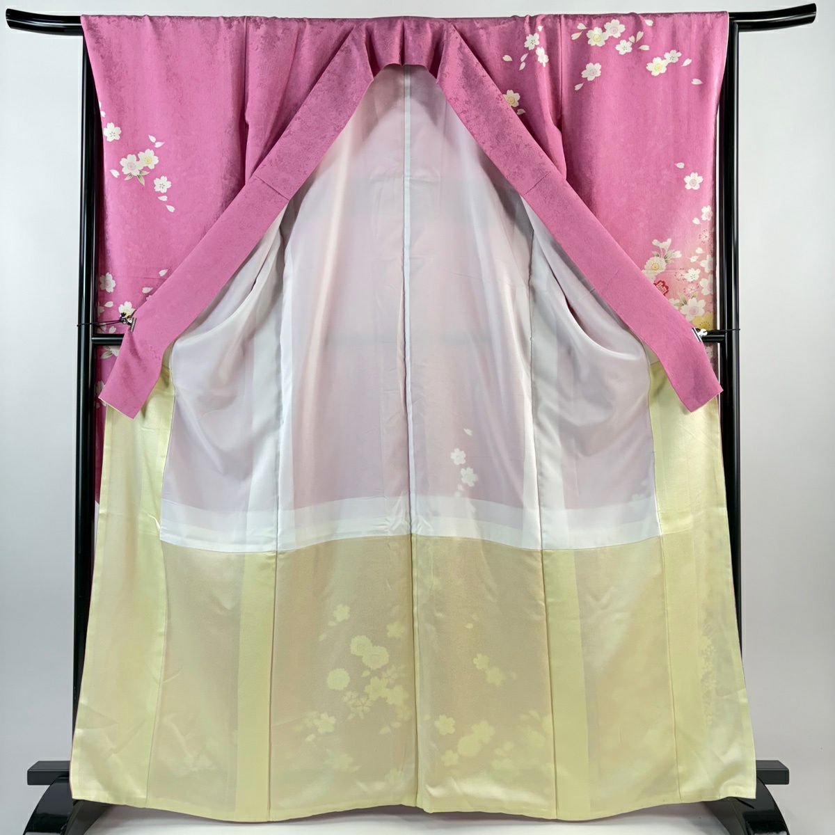 振袖禮服 身長164cm 袖長66cm M 雙層 櫻花 菊花花 金銀彩 漸層 粉紅 純蠶絲 名品級