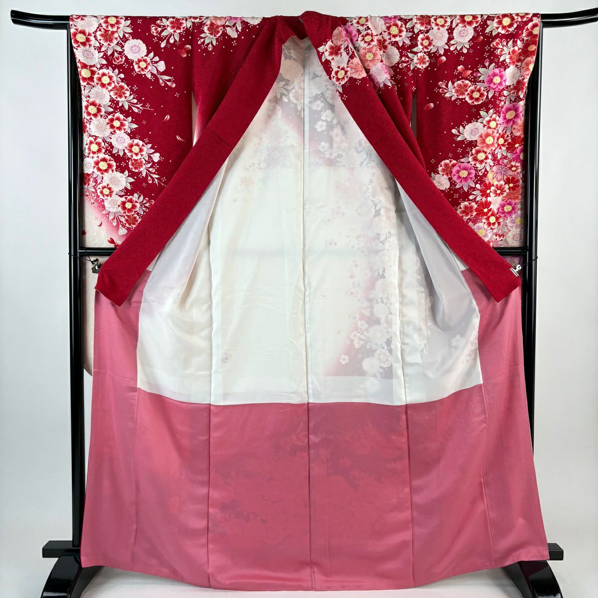 振袖禮服 身長167cm 袖長65.5cm M 雙層 櫻花 手毬 銀通 金絲 紅 純蠶絲 名品級