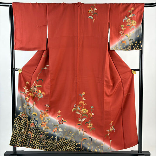 訪問服 身長156cm 袖長66.5cm M 雙層 コシノヒロコ 落款 草花紋紋 幾何學 金彩裝飾 漸層 紅 純蠶絲 名品級