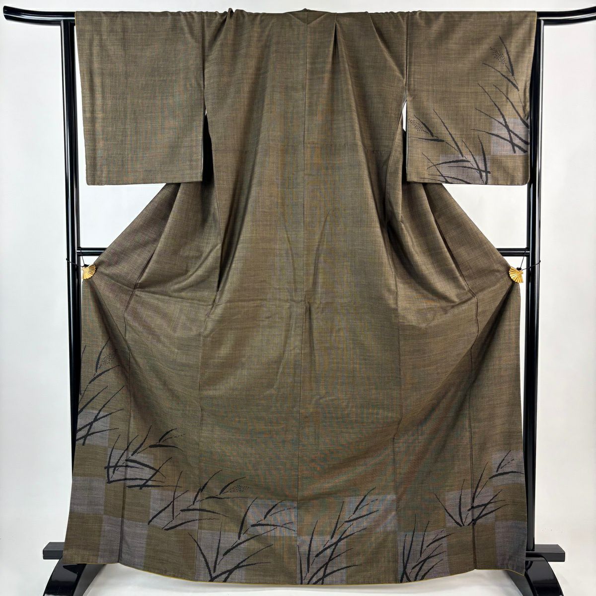 【美品】 付下 身長167.5cm 袖長67.5cm L 雙層 大島紬織地 純泥染 證書齊全 稻穗 市松樹 茶綠 純蠶絲 名品級