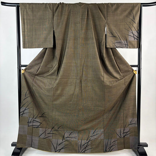 【美品】 付下 身長167.5cm 袖長67.5cm L 雙層 大島紬織地 純泥染 證書齊全 稻穗 市松樹 茶綠 純蠶絲 名品級