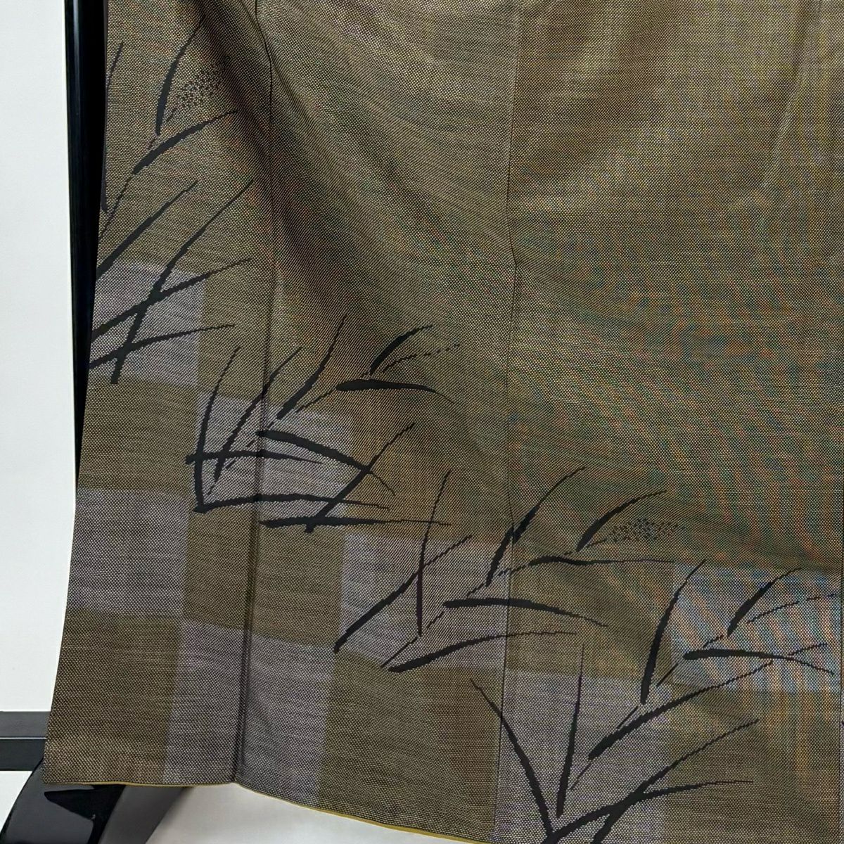 【美品】 付下 身長167.5cm 袖長67.5cm L 雙層 大島紬織地 純泥染 證書齊全 稻穗 市松樹 茶綠 純蠶絲 名品級