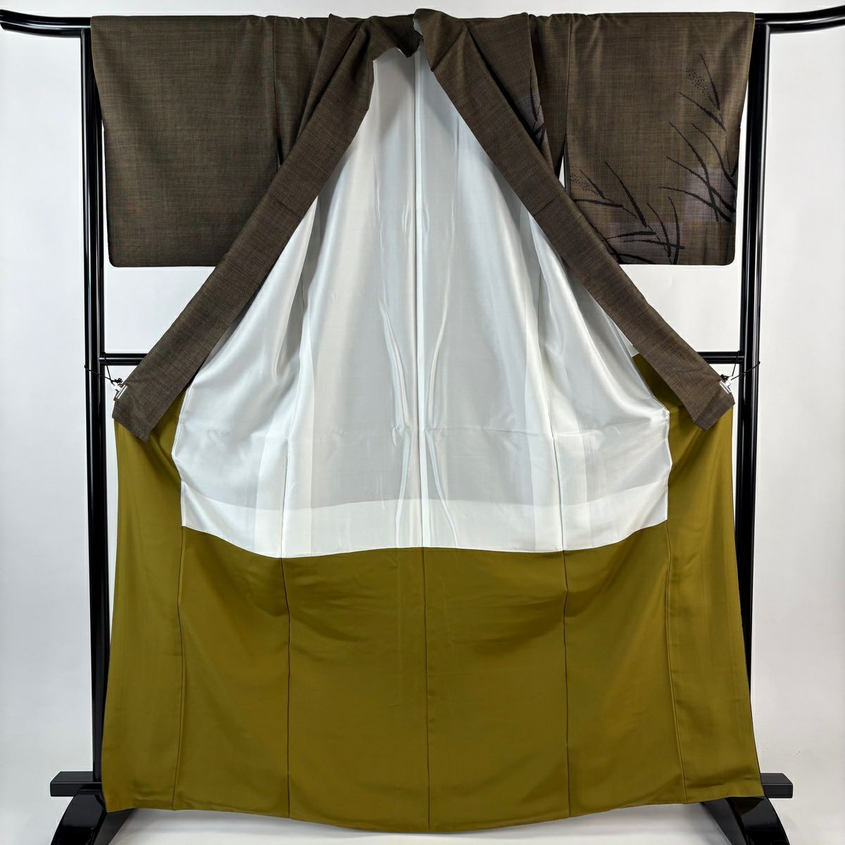 【美品】 付下 身長167.5cm 袖長67.5cm L 雙層 大島紬織地 純泥染 證書齊全 稻穗 市松樹 茶綠 純蠶絲 名品級