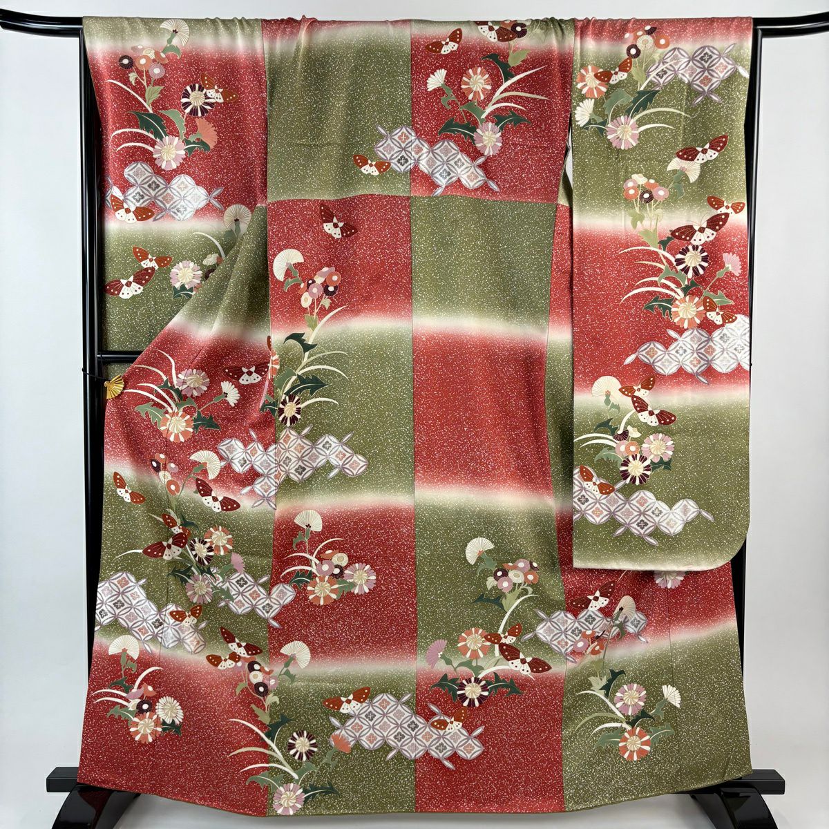振袖禮服 身長163.5cm 袖長68cm L 雙層 草花紋紋 蝶 金銀彩 漸層 紅 純蠶絲 名品級
