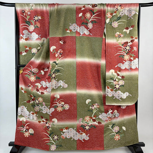 振袖禮服 身長163.5cm 袖長68cm L 雙層 草花紋紋 蝶 金銀彩 漸層 紅 純蠶絲 名品級