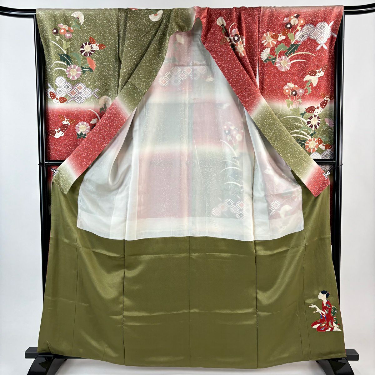 振袖禮服 身長163.5cm 袖長68cm L 雙層 草花紋紋 蝶 金銀彩 漸層 紅 純蠶絲 名品級