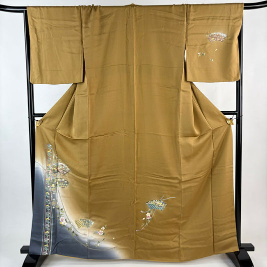 付下 身長164cm 袖長67.5cm L 雙層 扇子面 草花紋紋 螺鈿 金銀彩 黃土 純蠶絲 名品級