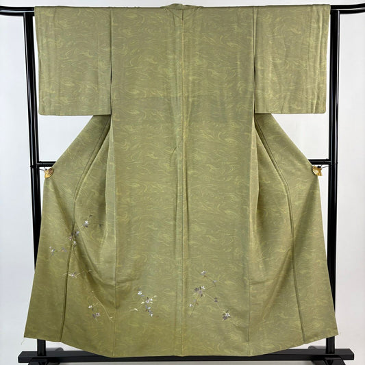 付下 身長154cm 袖長62cm S 雙層 枝花 墨流染 刺繡 金絲 抹茶 純蠶絲 名品級