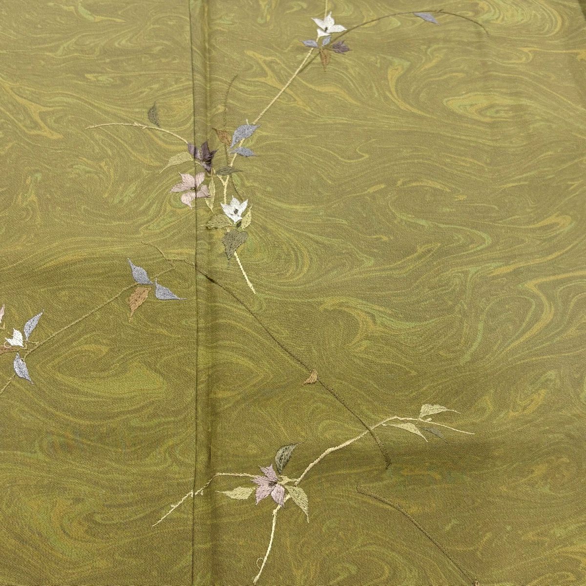 付下 身長154cm 袖長62cm S 雙層 枝花 墨流染 刺繡 金絲 抹茶 純蠶絲 名品級