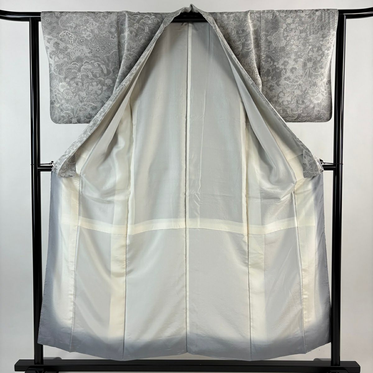 小紋 身長152cm 袖長62cm S 雙層 紋意匠 巴士領 草花紋紋 笠松樹 灰色 純蠶絲 名品級