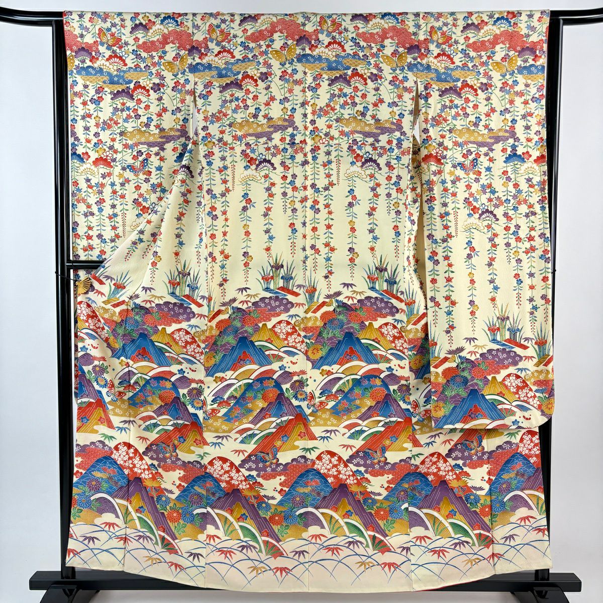 振袖禮服 身長159.5cm 袖長63.5cm S 雙層 山並 蝶 金銀彩 奶油色 純蠶絲 名品級