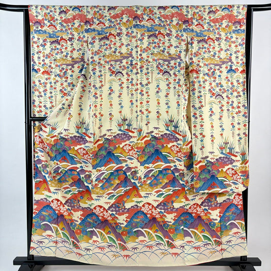 振袖禮服 身長159.5cm 袖長63.5cm S 雙層 山並 蝶 金銀彩 奶油色 純蠶絲 名品級