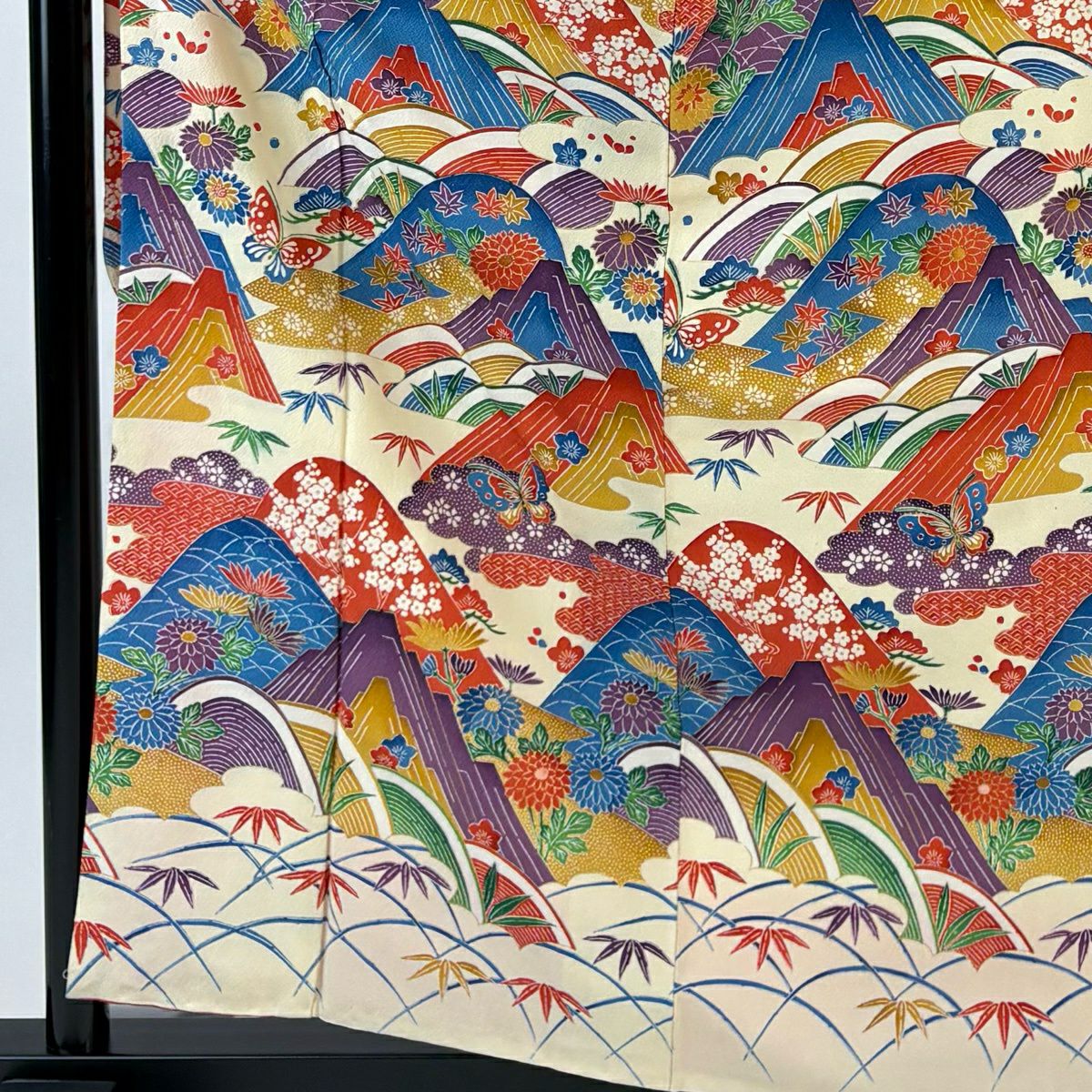 振袖禮服 身長159.5cm 袖長63.5cm S 雙層 山並 蝶 金銀彩 奶油色 純蠶絲 名品級