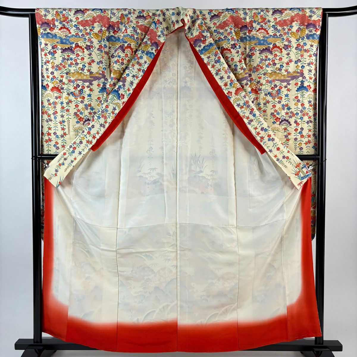 振袖禮服 身長159.5cm 袖長63.5cm S 雙層 山並 蝶 金銀彩 奶油色 純蠶絲 名品級