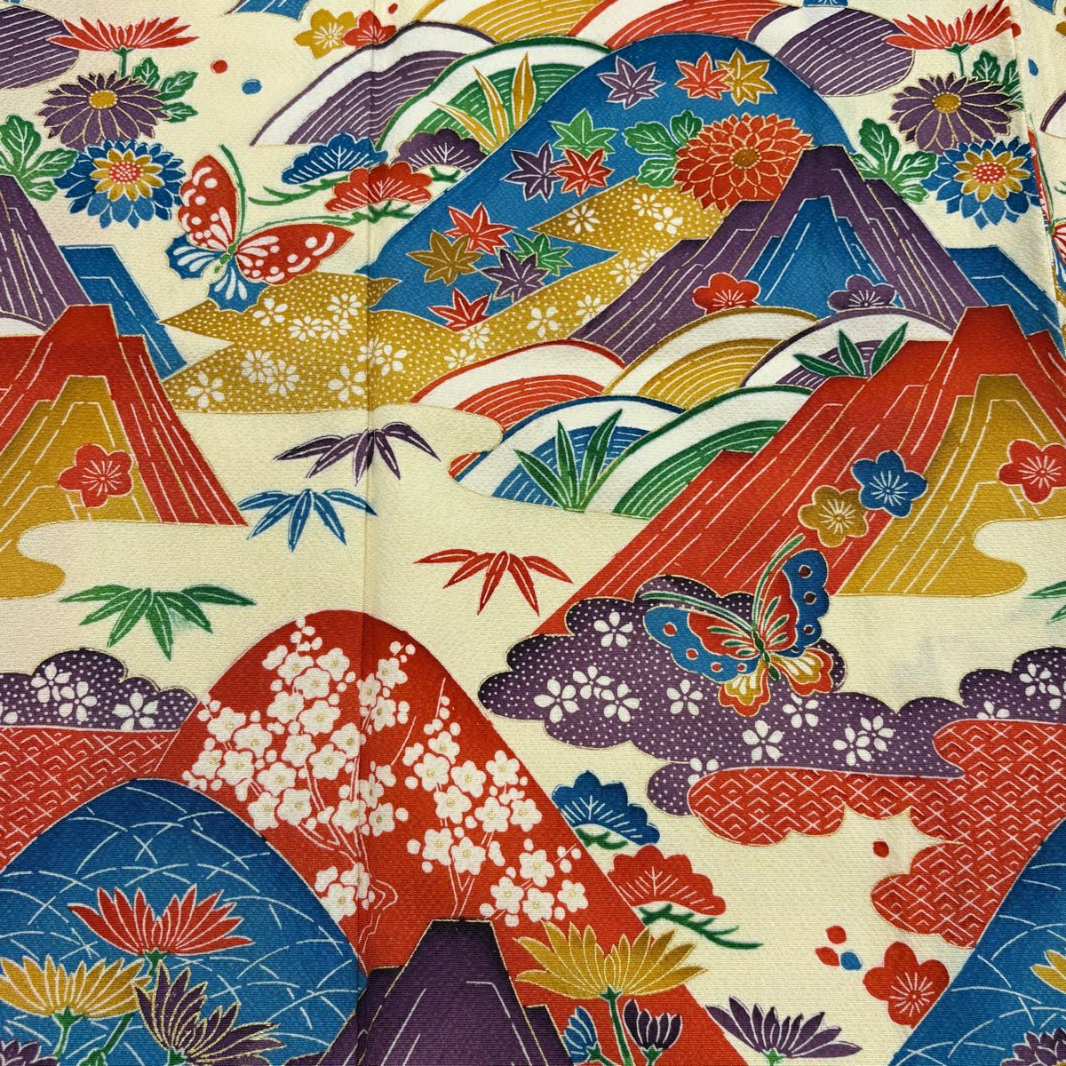 振袖禮服 身長159.5cm 袖長63.5cm S 雙層 山並 蝶 金銀彩 奶油色 純蠶絲 名品級