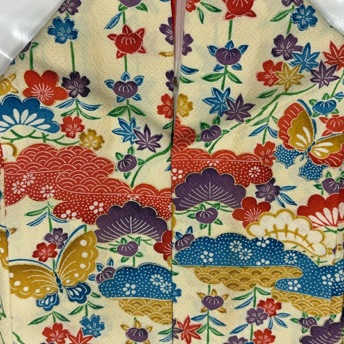 振袖禮服 身長159.5cm 袖長63.5cm S 雙層 山並 蝶 金銀彩 奶油色 純蠶絲 名品級