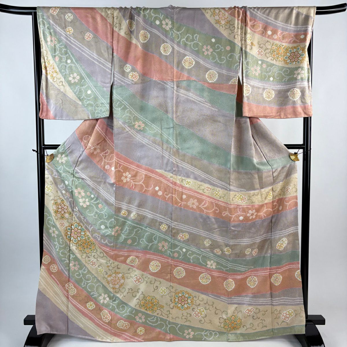 訪問服 身長166.5cm 袖長70.5cm L 雙層 華紋 花唐草紋 絞染 金絲 灰紫 純蠶絲 名品級