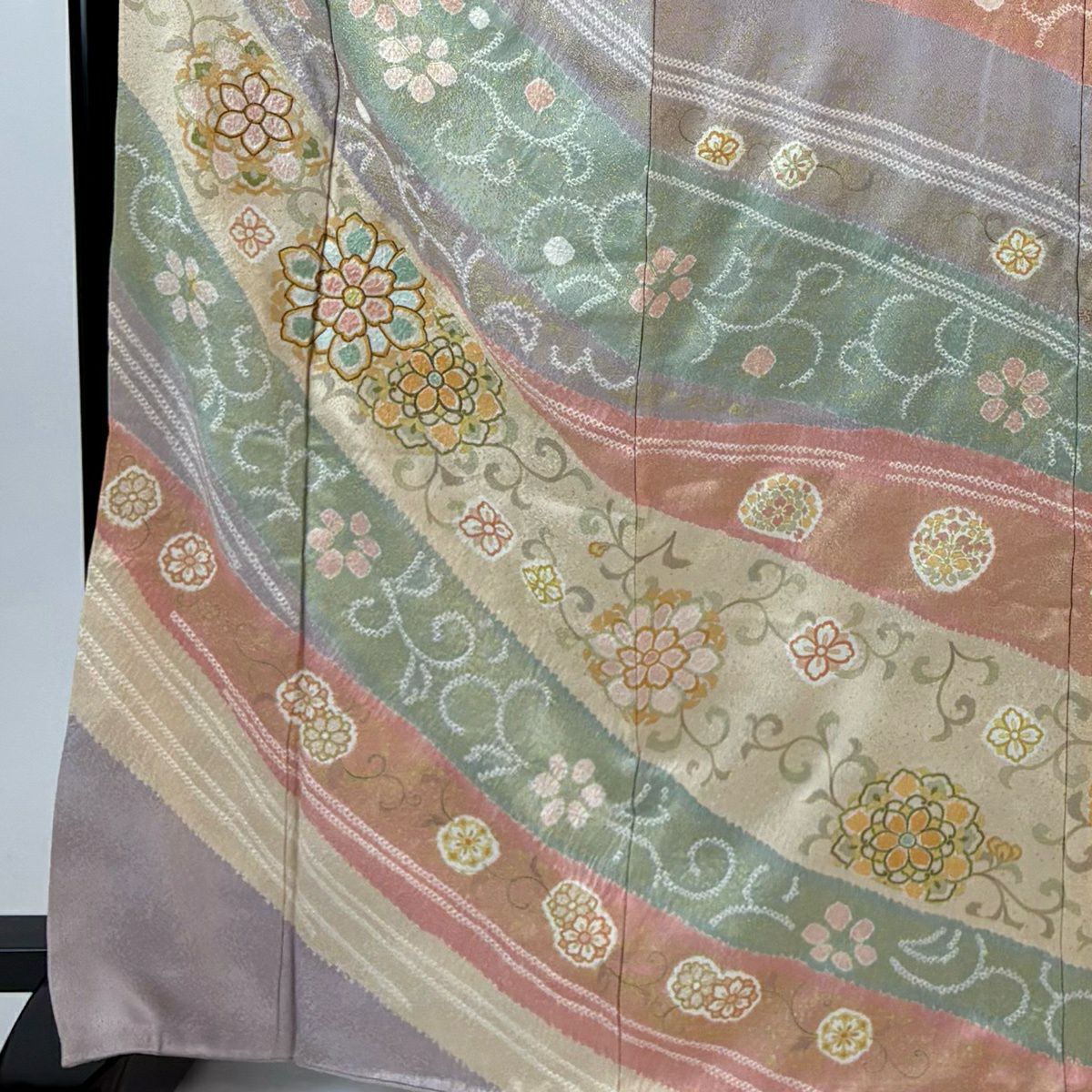 訪問服 身長166.5cm 袖長70.5cm L 雙層 華紋 花唐草紋 絞染 金絲 灰紫 純蠶絲 名品級