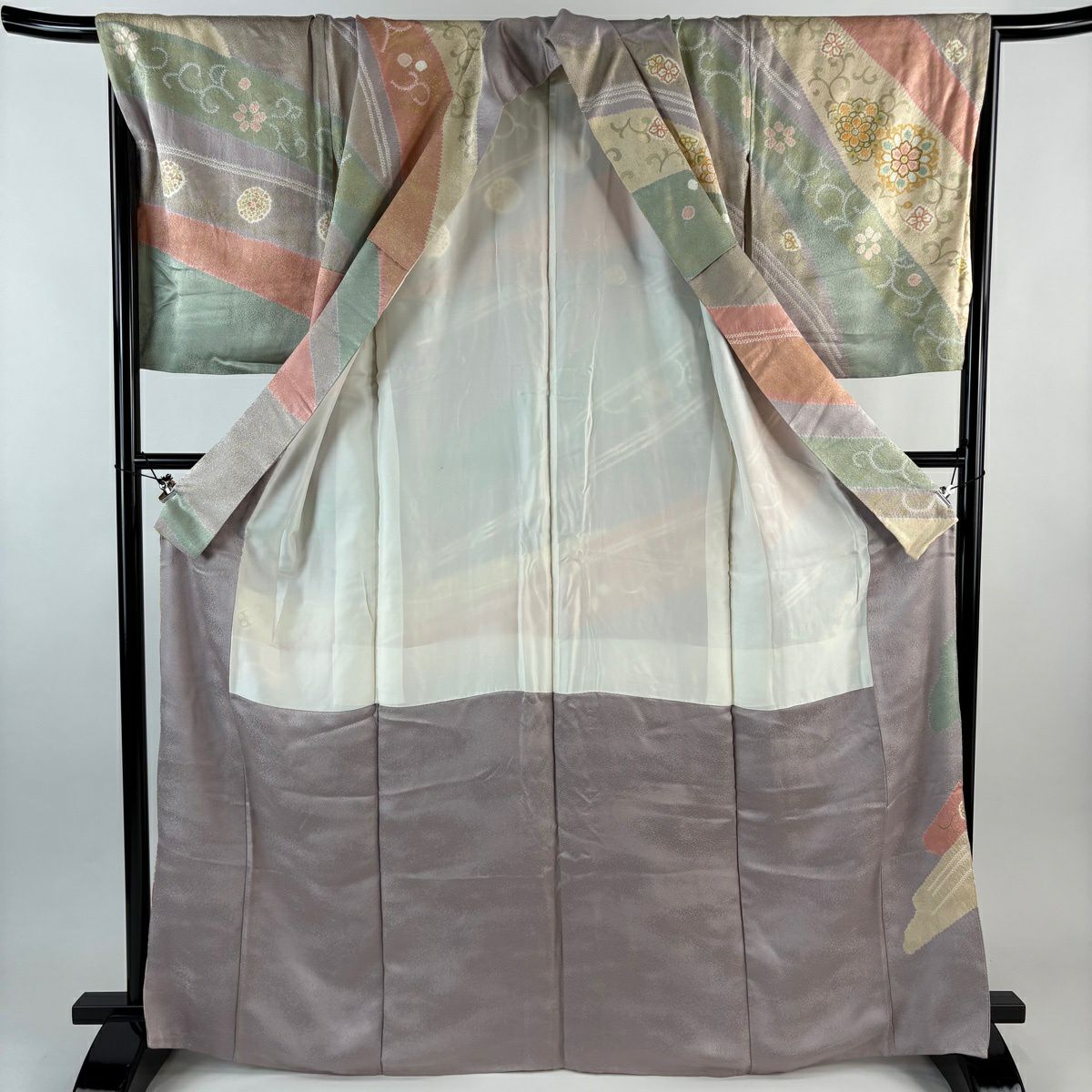 訪問服 身長166.5cm 袖長70.5cm L 雙層 華紋 花唐草紋 絞染 金絲 灰紫 純蠶絲 名品級