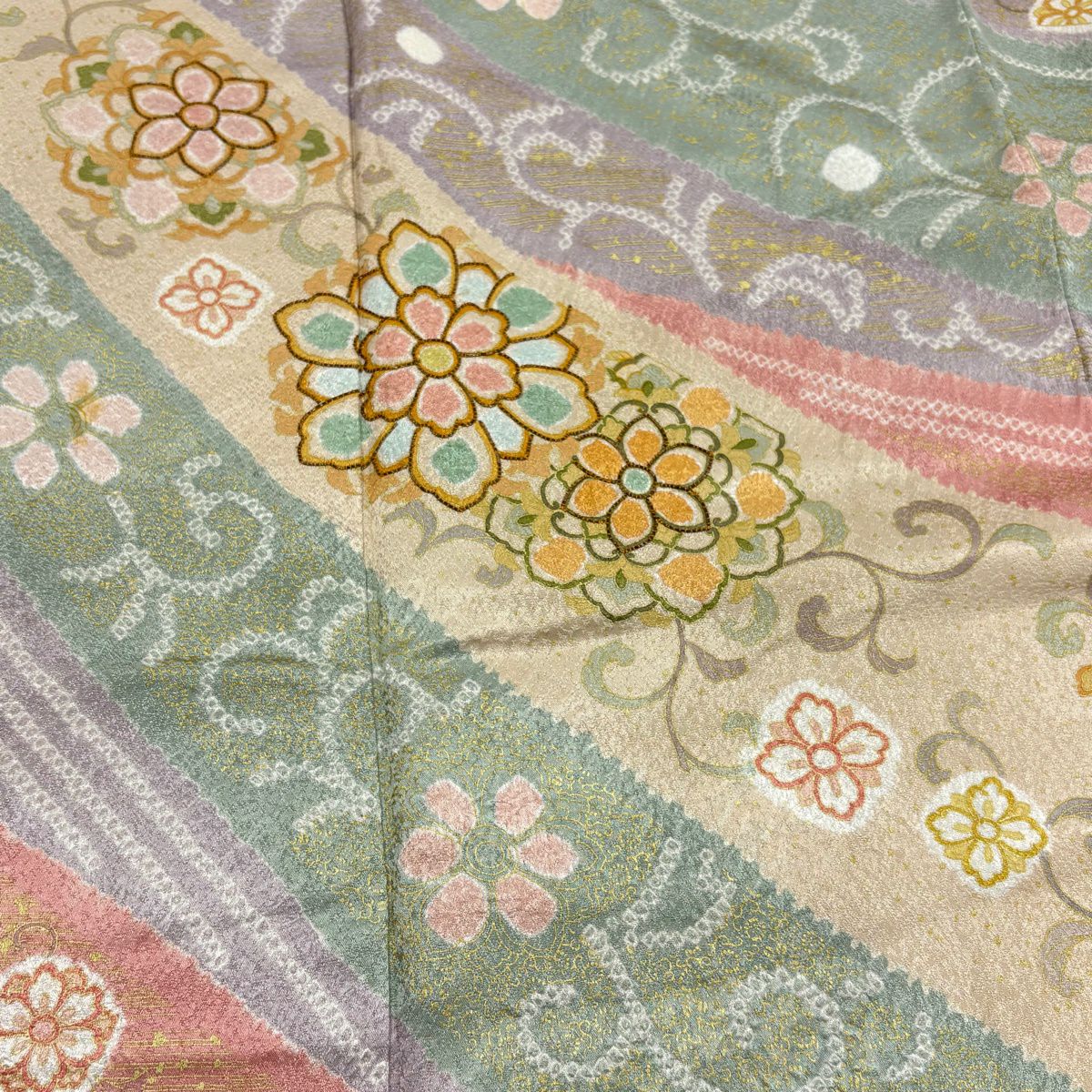 訪問服 身長166.5cm 袖長70.5cm L 雙層 華紋 花唐草紋 絞染 金絲 灰紫 純蠶絲 名品級