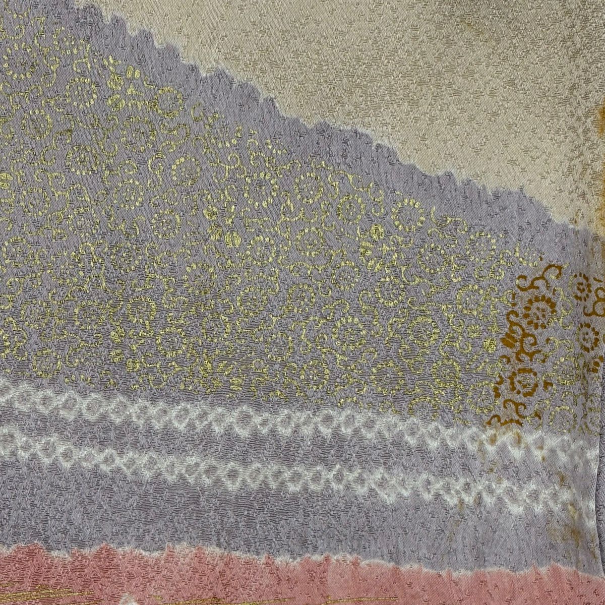 訪問服 身長166.5cm 袖長70.5cm L 雙層 華紋 花唐草紋 絞染 金絲 灰紫 純蠶絲 名品級