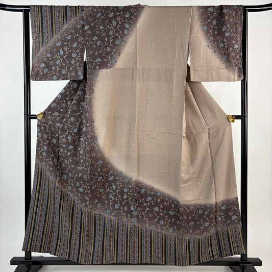 訪問服 身長156.5cm 袖長64cm M 雙層 花唐草紋 縞染分 ぼかし 茶紫 純蠶絲 名品級