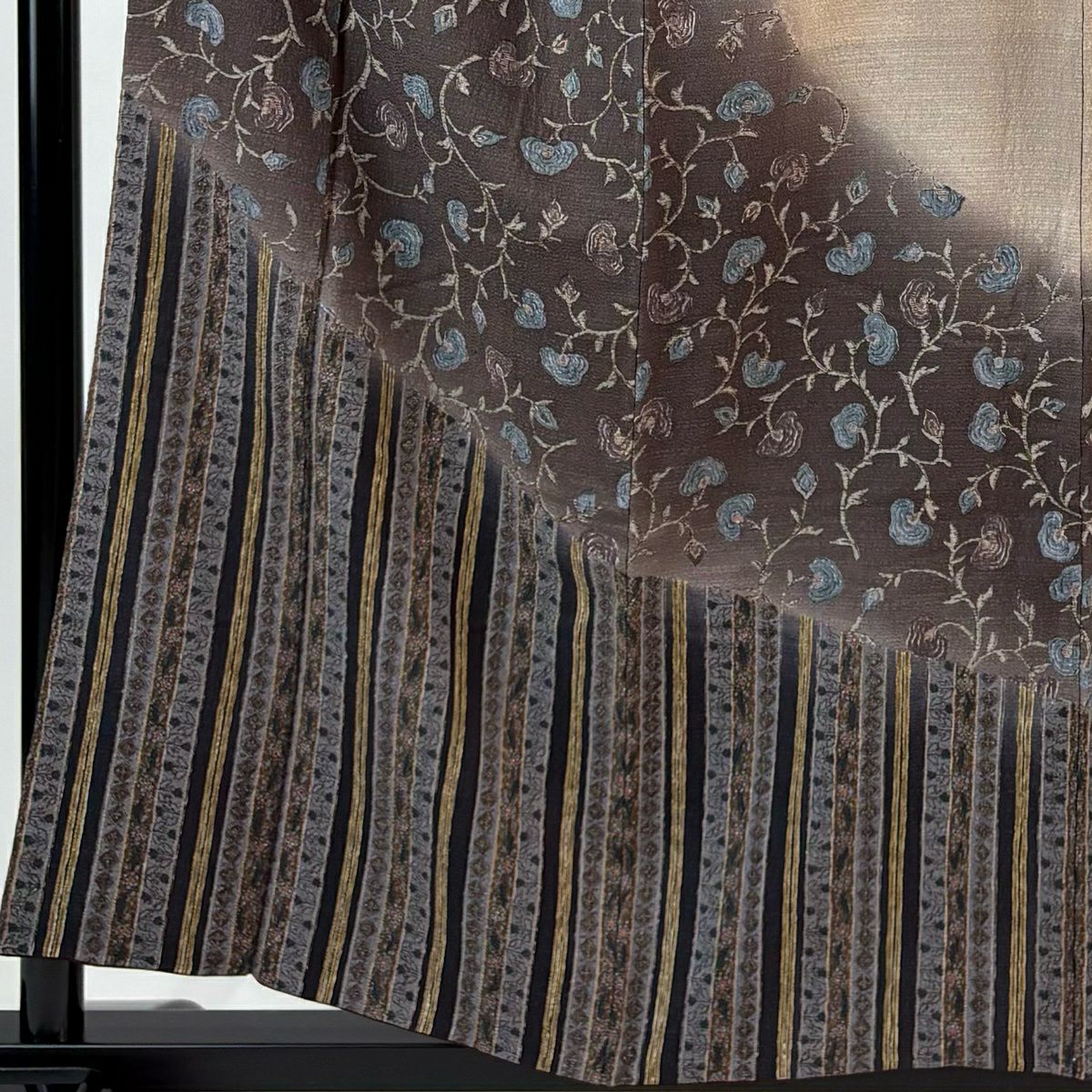 訪問服 身長156.5cm 袖長64cm M 雙層 花唐草紋 縞染分 ぼかし 茶紫 純蠶絲 名品級