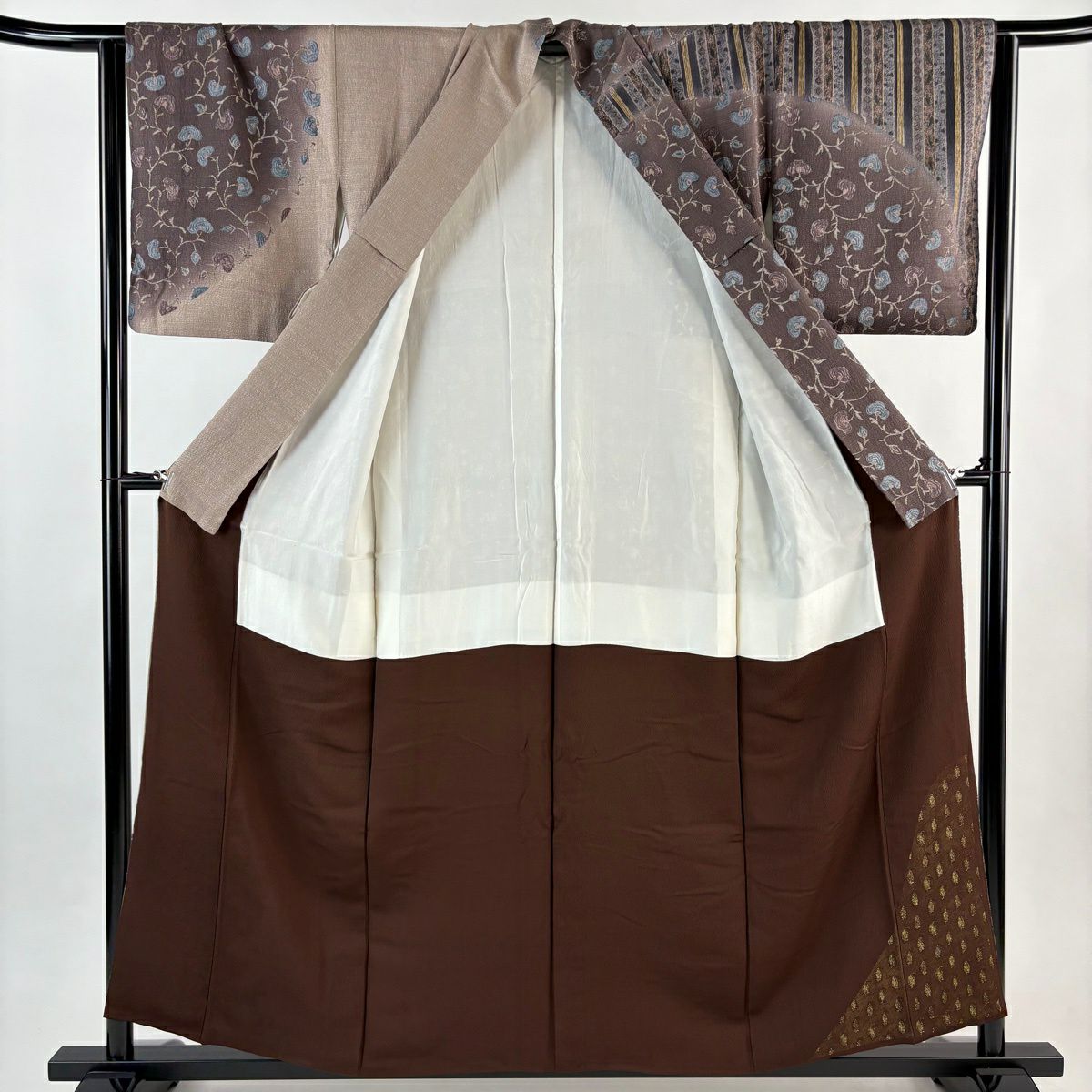 訪問服 身長156.5cm 袖長64cm M 雙層 花唐草紋 縞染分 ぼかし 茶紫 純蠶絲 名品級