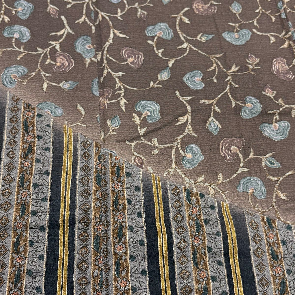 訪問服 身長156.5cm 袖長64cm M 雙層 花唐草紋 縞染分 ぼかし 茶紫 純蠶絲 名品級
