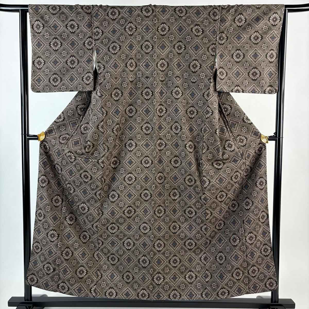紬織 身長154cm 袖長64cm M 雙層 花 菱格子 灰茶 純蠶絲 名品級
