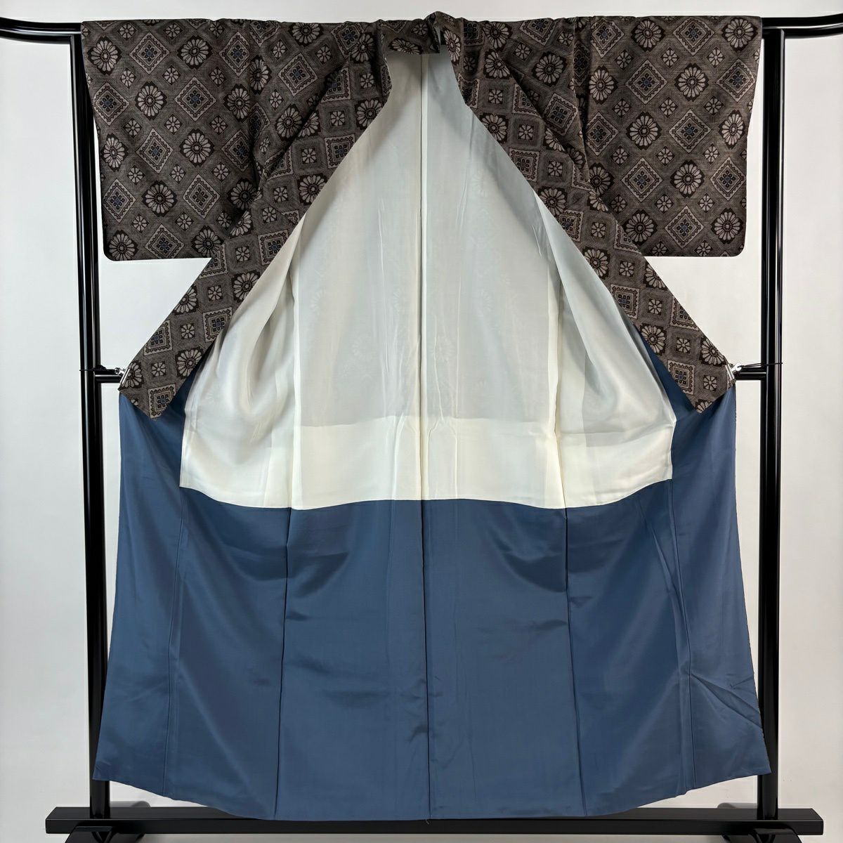 紬織 身長154cm 袖長64cm M 雙層 花 菱格子 灰茶 純蠶絲 名品級