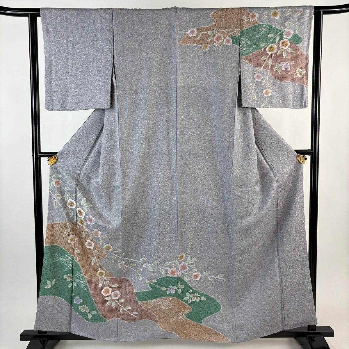 訪問服 身長158.5cm 袖長62cm S 雙層 枝花 霞 刺繡 金線 灰紫 純蠶絲 名品級