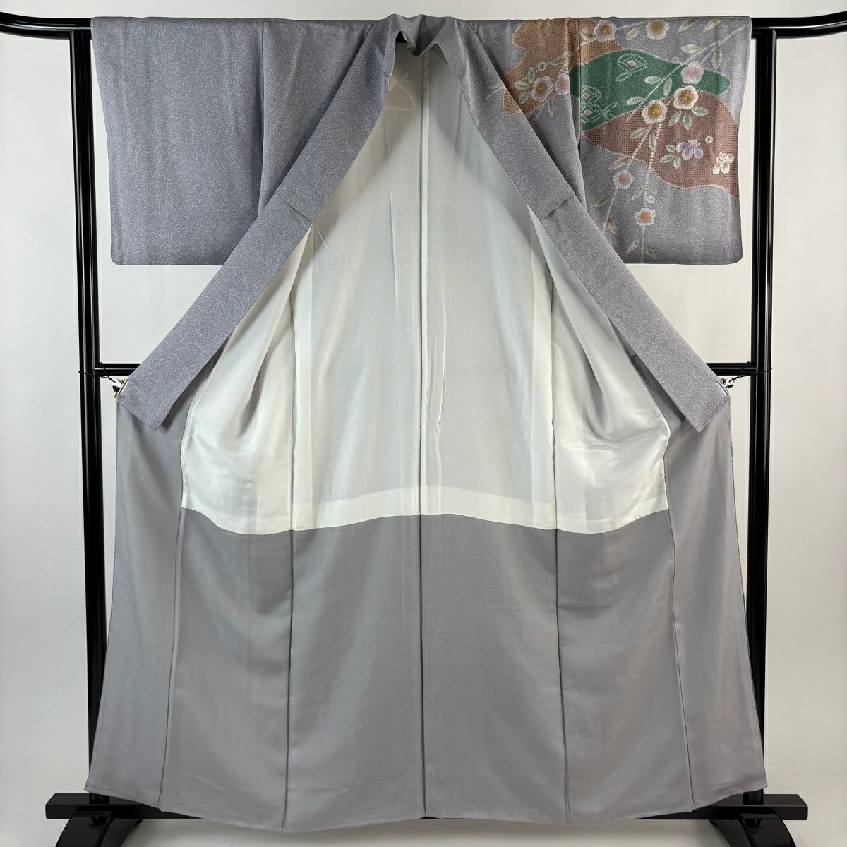 訪問服 身長158.5cm 袖長62cm S 雙層 枝花 霞 刺繡 金線 灰紫 純蠶絲 名品級