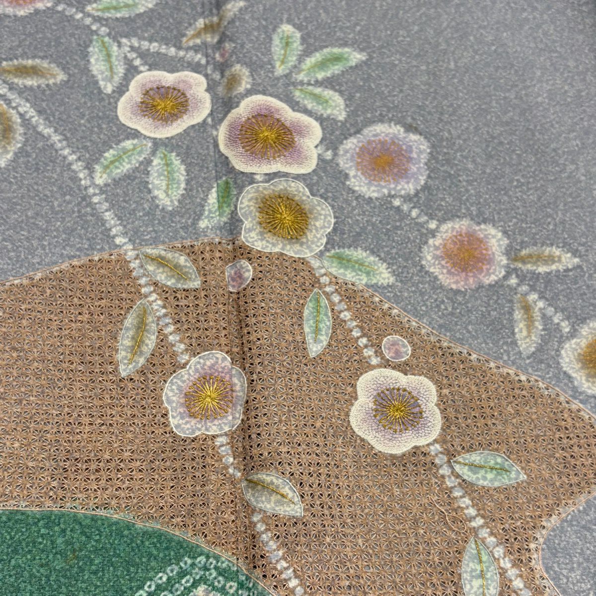 訪問服 身長158.5cm 袖長62cm S 雙層 枝花 霞 刺繡 金線 灰紫 純蠶絲 名品級