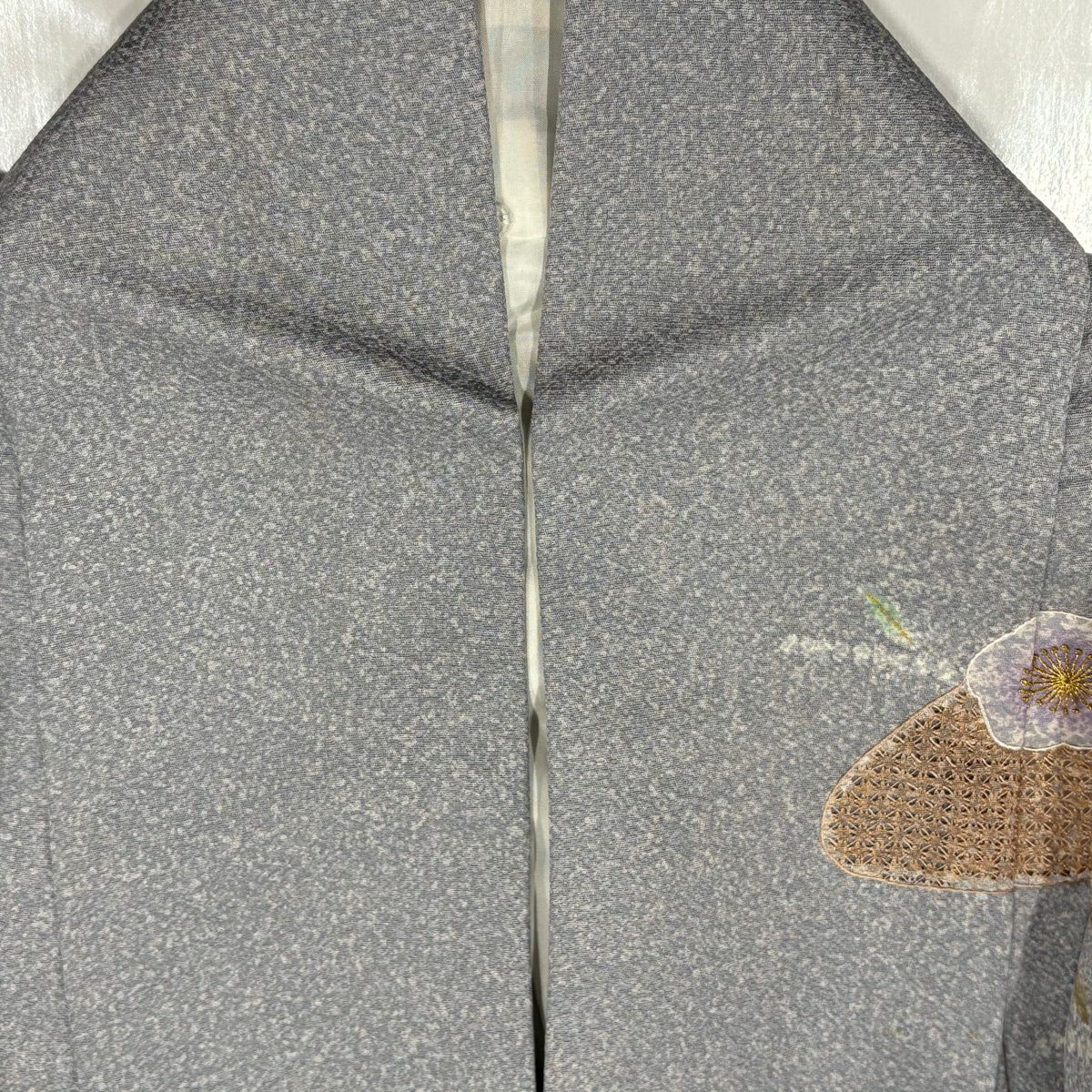 訪問服 身長158.5cm 袖長62cm S 雙層 枝花 霞 刺繡 金線 灰紫 純蠶絲 名品級