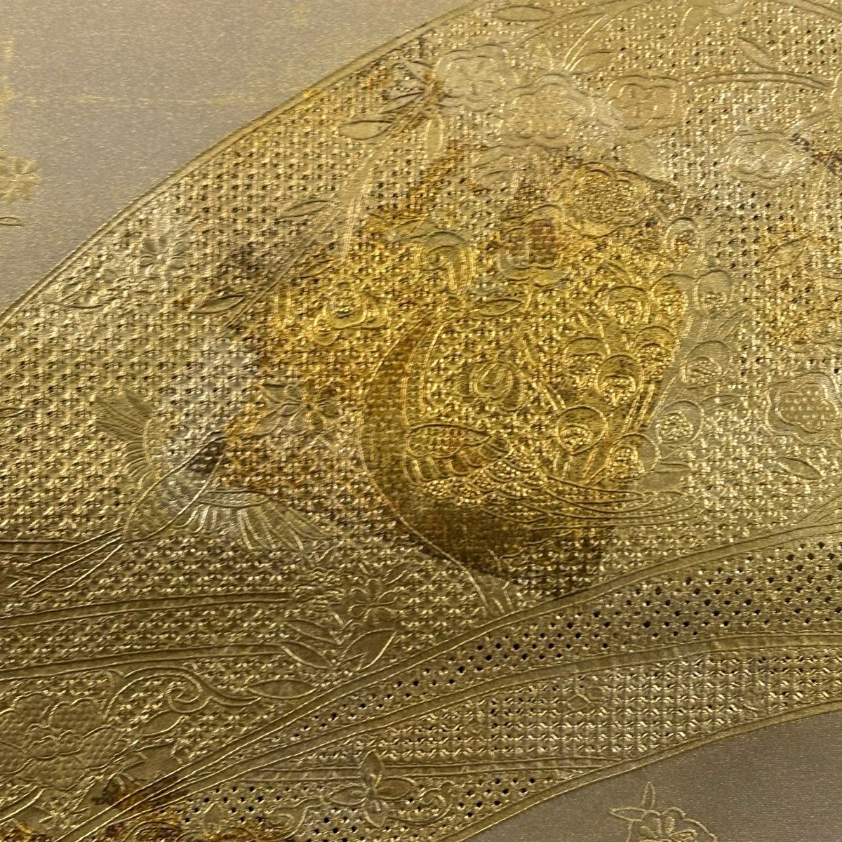 袋帶 秀品級 ますいわ屋 孔雀 梅花 金銀彩 刺繡 金色 大鼓圖案 純蠶絲