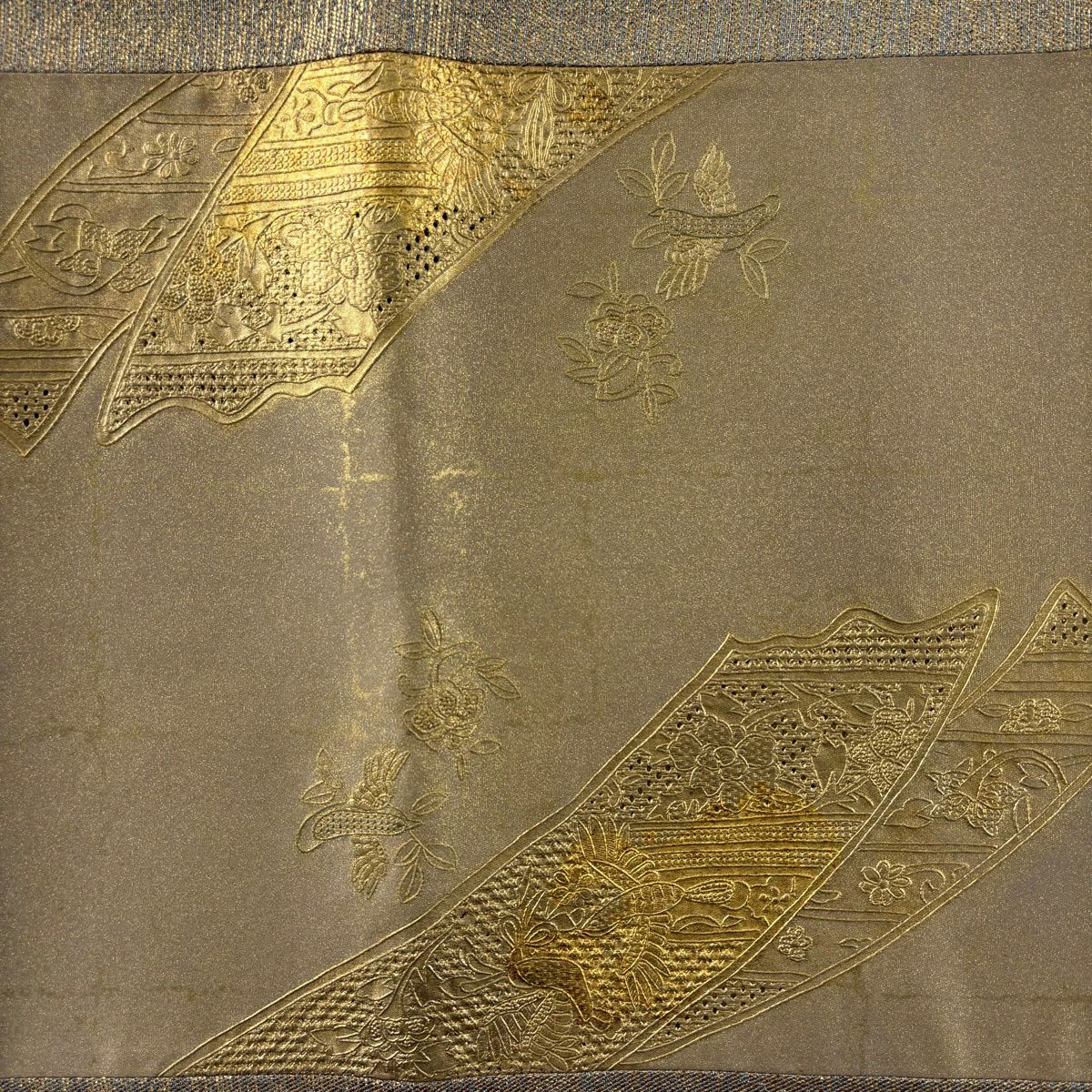 袋帶 秀品級 ますいわ屋 孔雀 梅花 金銀彩 刺繡 金色 大鼓圖案 純蠶絲