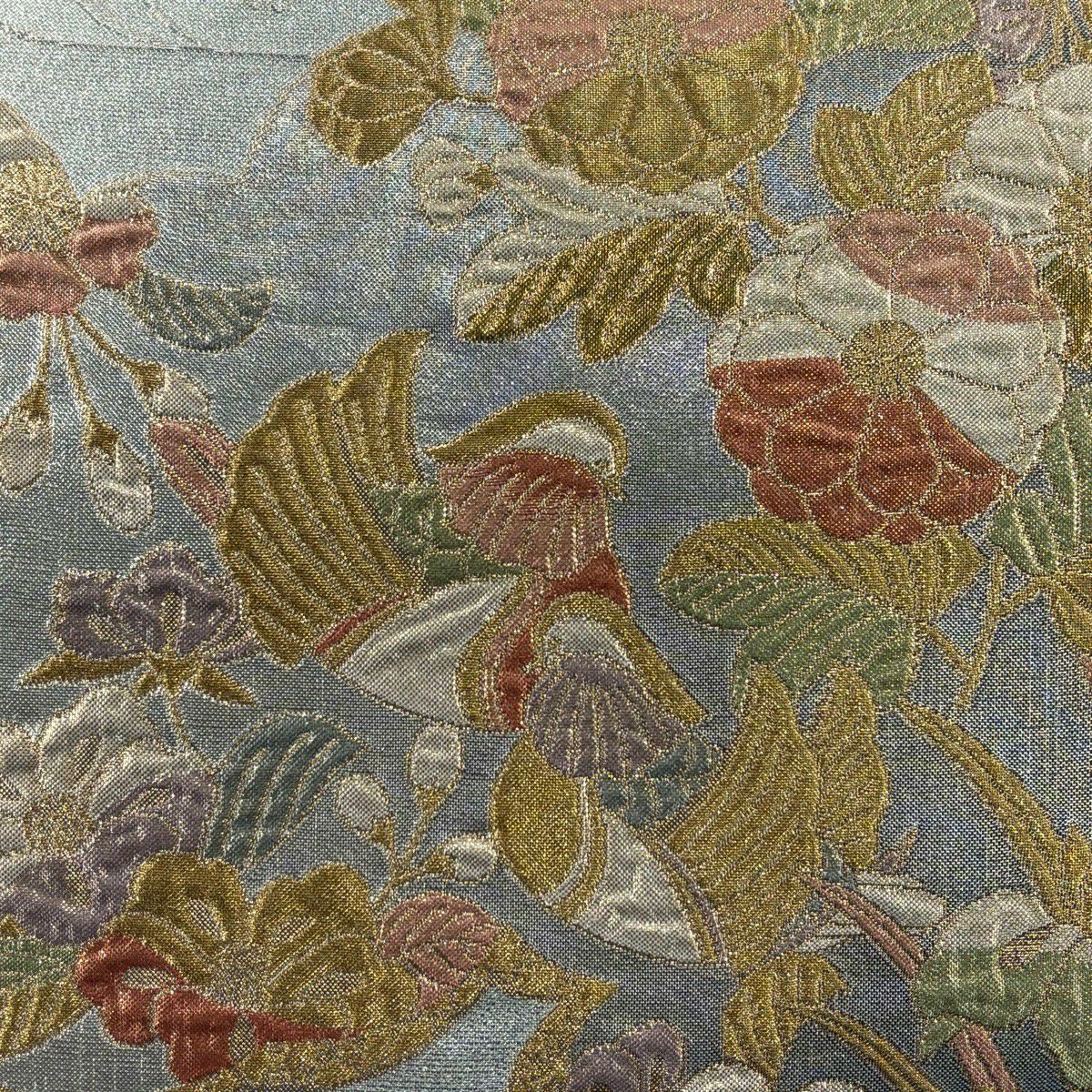 【美品】 袋帶 秀品級 鴛鴦 草花紋紋 金金箔 金銀彩 六通 純蠶絲