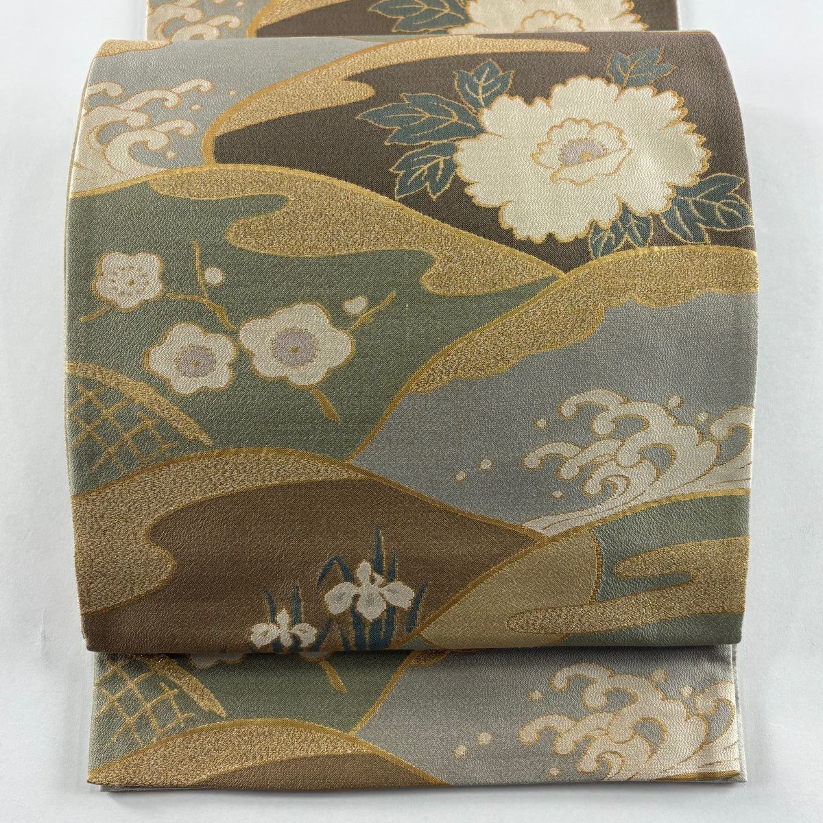 【美品】 袋帶 秀品級 梅花 牡丹 金糸 金金箔 灰綠 六通 純蠶絲
