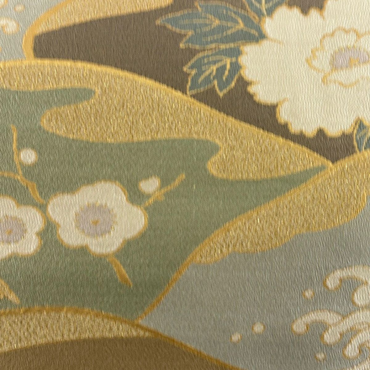 【美品】 袋帶 秀品級 梅花 牡丹 金糸 金金箔 灰綠 六通 純蠶絲